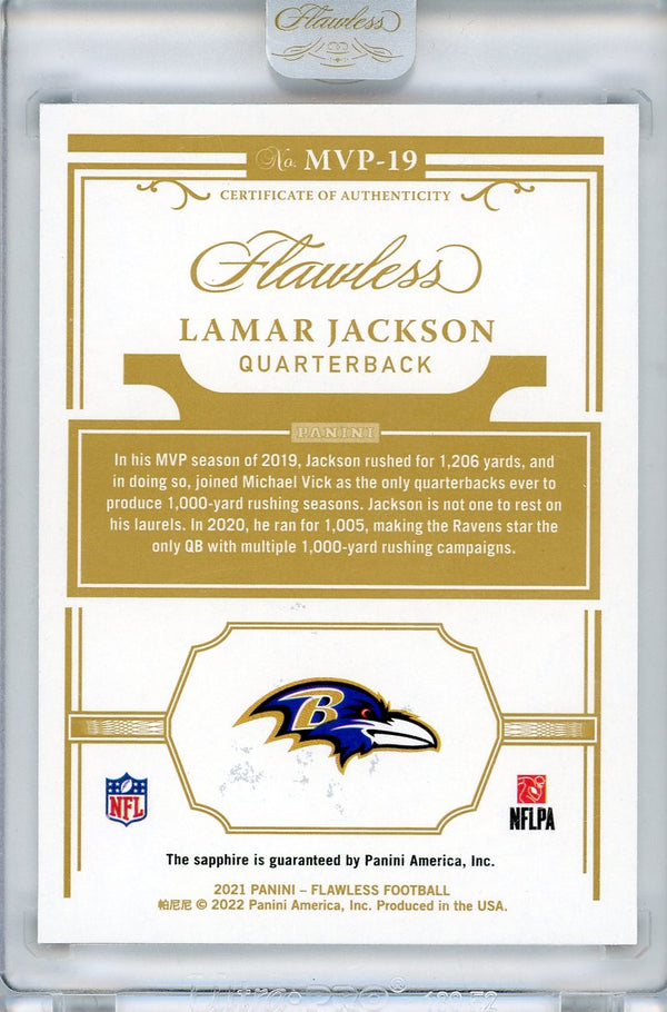 Lamar Jackson 2021 Panini Flawless MVPs Sapphire Encased Card #MVP-19