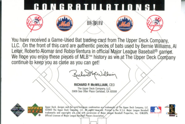 Roberto Alomar, Bernie Williams, Al Leiter, and Robin Ventura 2002 Upper Deck Game Used Bat Card