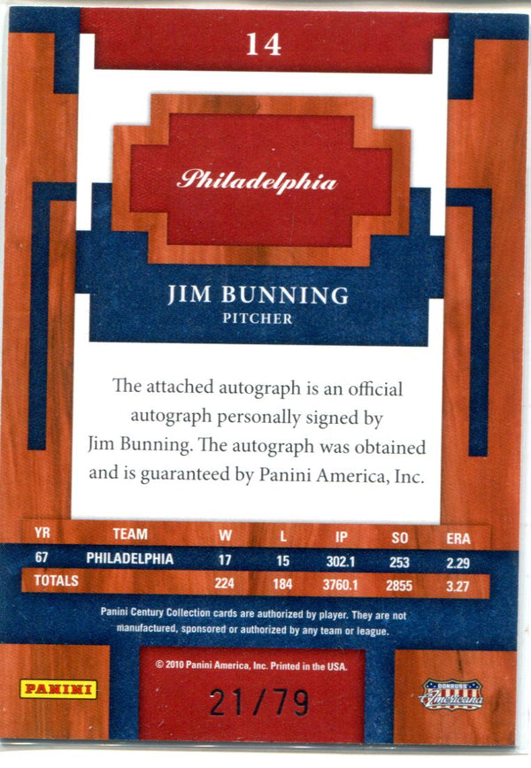 Jim Bunning 2010 Panini Century Collection Autographed Card #21/79
