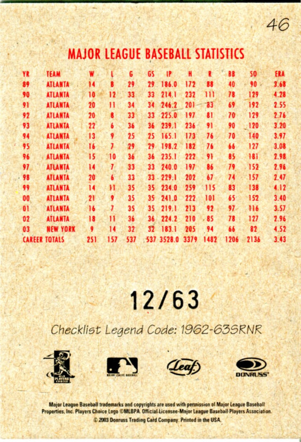 Tom Glavine 2003 Donruss Card 12/63