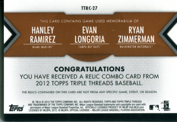 Hanley Ramirez, Evan Longoria, and Ryan Zimmerman 2012 Topps Triple Threads Relic Card 14/27