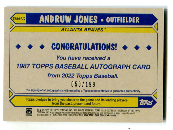 Andruw Jones 2022 Topps Certified Issue Autographed Card #87BAAJO 50/199 Card