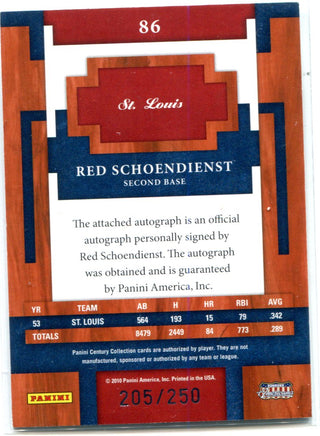Red Schoendienst 2010 Panini Century Collection Autographed Card #205/250