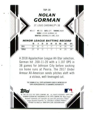 Nolan Gorman 2019 Topps Bowman Platinum #TOP20 Autographed Card