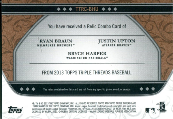 Ryan Braun, Bryce Harper, and Justin Upton 2013 Topps Triple Threads Relic Card 14/27