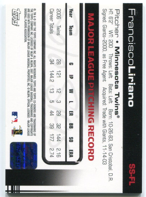 Francisco Liriano Autographed 2007 Topps Co-Signers Card