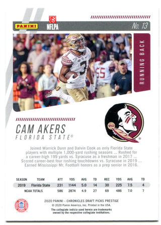 Cam Akers 2020 Panini Chronicles Draft Picks Prestige Rookie Card