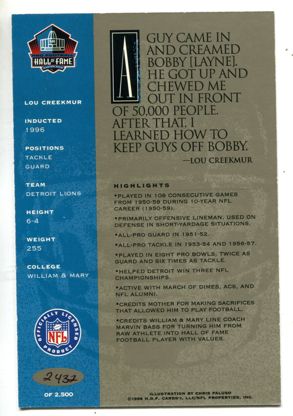 Lou Creekmur 1998 Autographed Hall Of Fame Card ( 2432/2500)