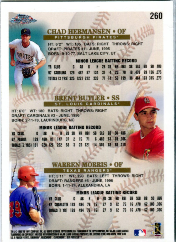 Chad Hermansen, Brent Butler, and Warren Morris 1998 Topps Chrome Card