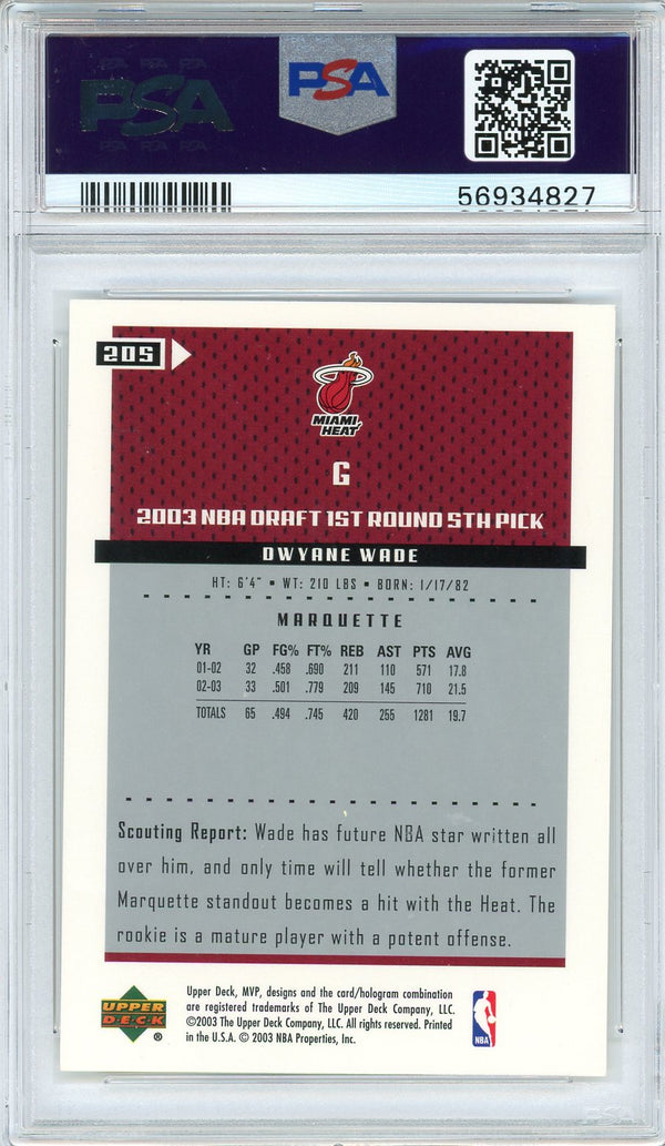 Dwyane Wade 2003 Upper Deck MVP Rookie Card #205 (PSA)