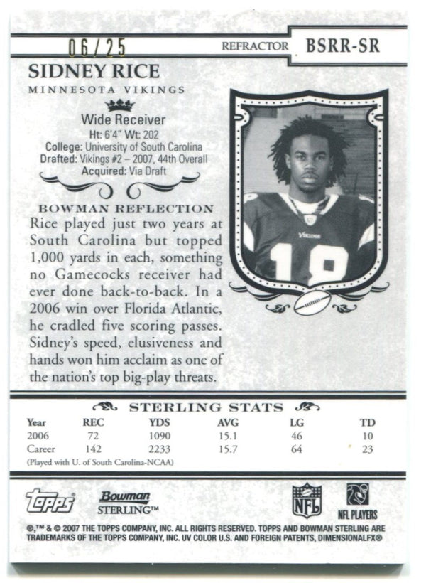 2007 Sidney Rice Bowman Sterling Rookie Jersey Card 06/25 BSRR-SR