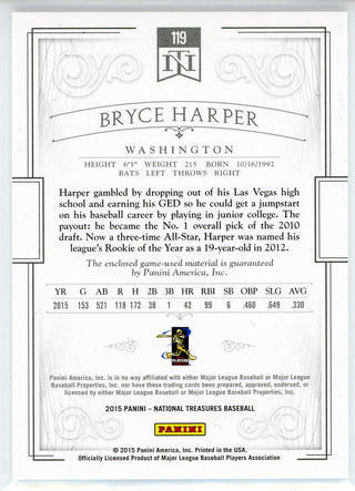 Bryce Harper 2015 Panini National Treasures Patch Card #119
