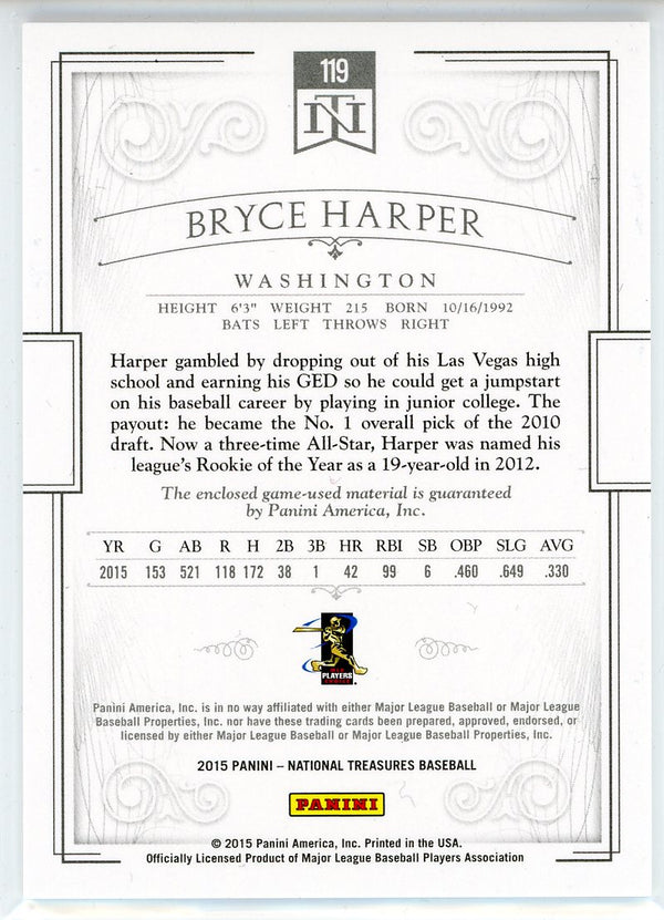 Bryce Harper 2015 Panini National Treasures Patch Card #119