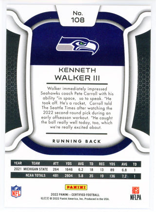 Kenneth Walker III 2022 Panini Certified Gold Rookie Card #108