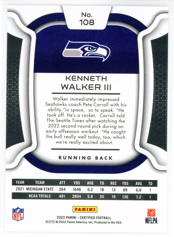 Kenneth Walker III 2022 Panini Certified Gold Rookie Card #108