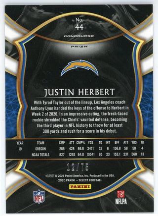 Justin Herbert 2020 Panini Select Concourse Purple Prizm Rookie Card #44