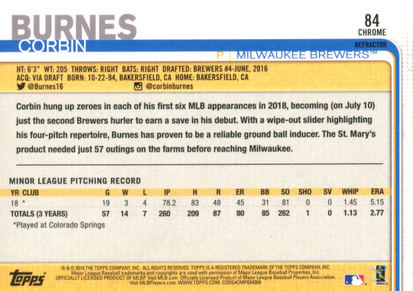 Corbin Burnes 2019 Topps Chrome Rookie Card