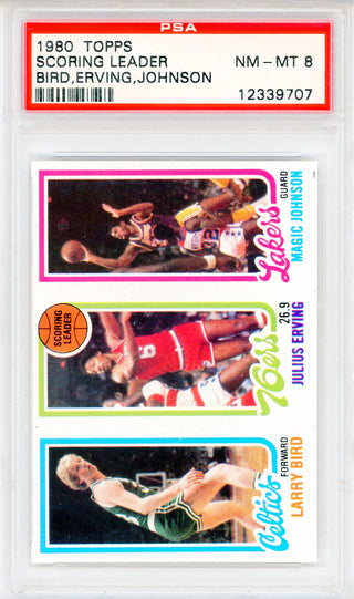 Larry Bird, Julius Erving & Magic Johnson 1980 Topps Scoring Leaders Rookie Card (PSA NM-MT 8)