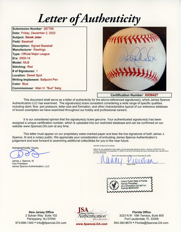 Derek Jeter Signed Rawlings Official Major League Baseball (Steiner)