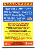 Carmelo Anthony 2005 Topps Bazooka Adventures #ADVCA Jersey Card