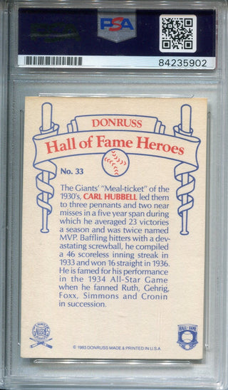 Carl Hubbell Donruss New York Giants Autographed Baseball Card (PSA)