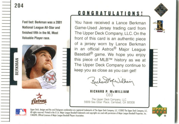 Lance Berkman Upper Deck Diamond Connection Jersey Card 2002 #204