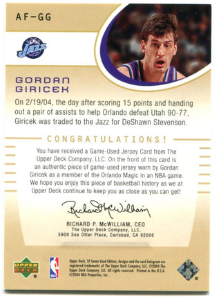 Gordan Giricek Authentic Game Used Jersey Upper Deck 2004 033/100