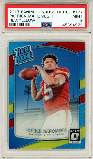 Patrick Mahomes 2017 Panini Donruss Optic Rated Rookie Red/Yellow Prizm Card #177 (PSA Mint 9)