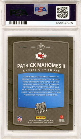 Patrick Mahomes 2017 Panini Donruss Optic Rated Rookie Red/Yellow Prizm Card #177 (PSA Mint 9)