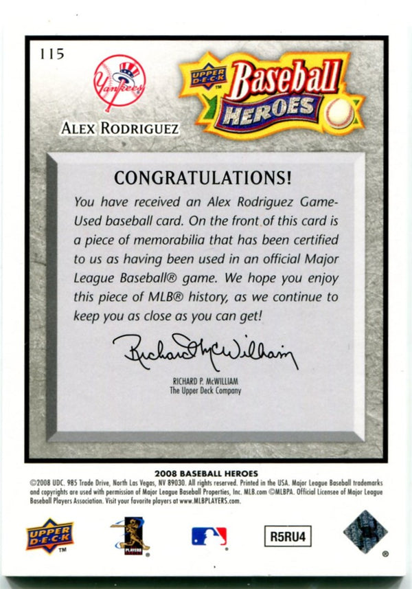 Alex Rodriguez Game Worn Jersey Baseball Card