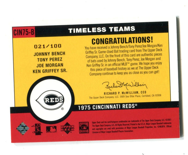 Bench/Perez/Morgan/Griffey Sr. 2001 Upper Deck Timeless Teams Bat Card /100