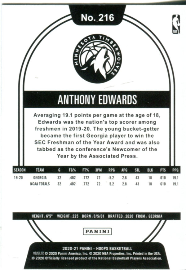 Anthony Edwards 2020 Hoops Rookie Card