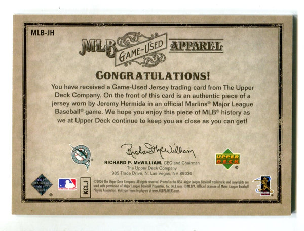 Jeremy Hermida 2006 Upper Deck #mlbjh MLB Apparel card /250