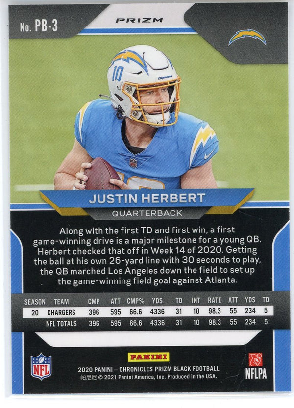 Justin Herbert 2020 Panini Chronicles Prizm Black Silver Prizm Rookie Card #PB-3
