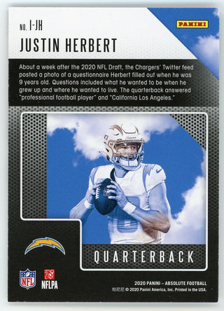 Justin Herbert 2020 Panini Absolute Football Introductions #167 RC