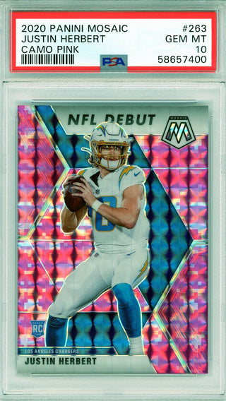 Justin Herbert 2020 Panini Mosaic Camo Pink Prizm Rookie Card #263 (PSA Gem MT 10)