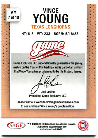 Vince Young Sage Game Exclusives Jersey Card "My First Pro Jersey" 2006