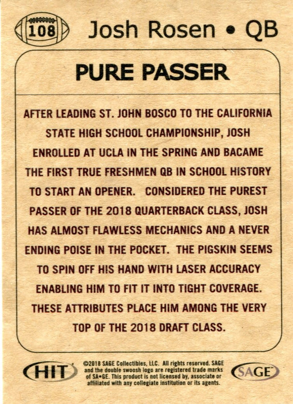 Josh Rosen 2018 Sage Aspire Rookie Card