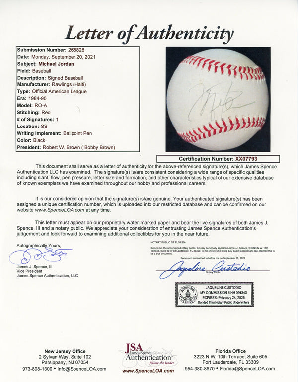 Michael Jordan Autographed Official American League Bobby Brown Baseball (JSA)