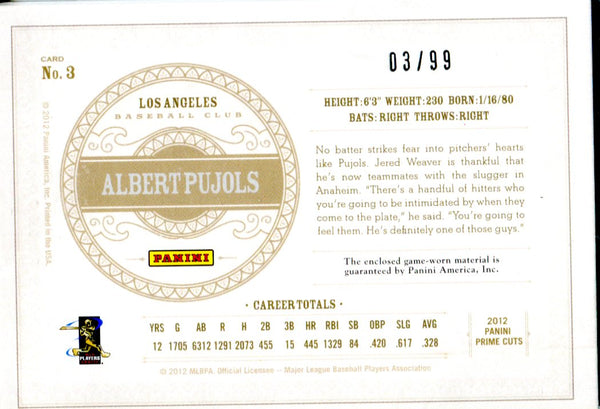 Albert Pujols 2012 Panini Prime Cuts Game-Worn Unsigned Card #3/99