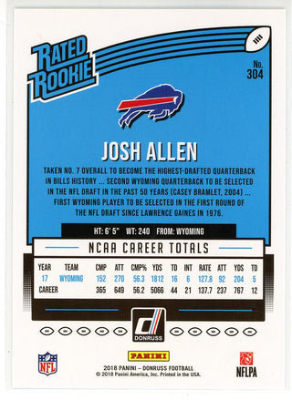 Josh Allen 2018 Panini Donruss Rated Rookie Card #304