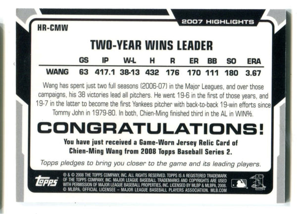 Chien-Ming Wang 2008 Topps Game Worn Jersey Relic Card #HRCMW
