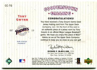Tony Gwynn Cooperstown Calling Authentic Game Jersey Card 2001 #CC-TG