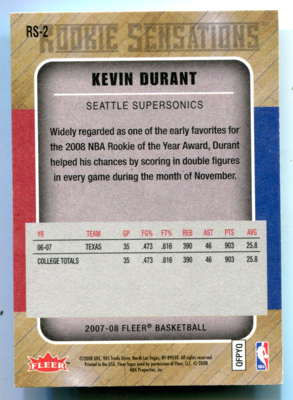 Kevin Durant 2008 Fleer #RS-2 Rookie Sensations Card