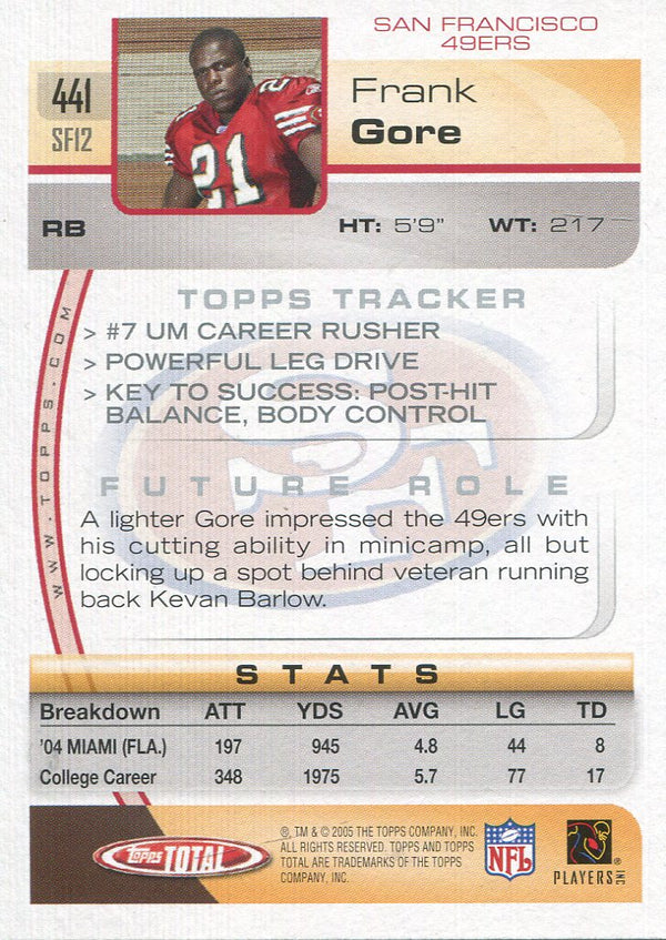 Frank Gore 2005 Topps Total Rookie Card