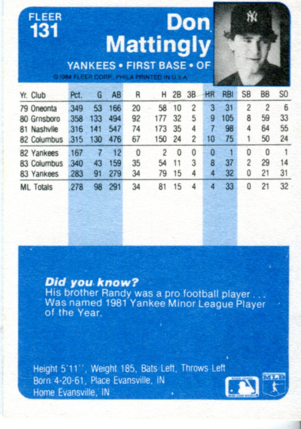 Don Mattingly 1984 Fleer Card