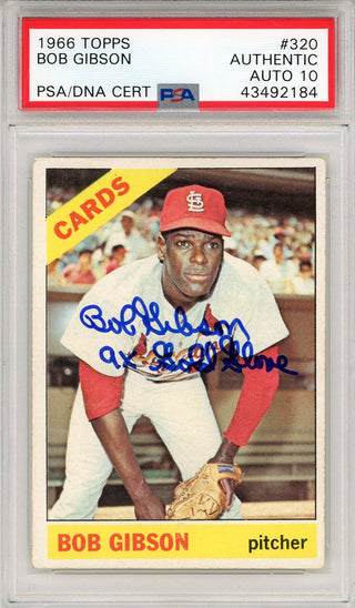 Bob Gibson "9x Gold Glove" Autographed 1966 Topps Card #320 (PSA)