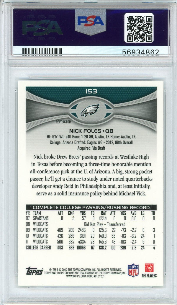 Nick Foles 2012 Topps Chrome Refractor Rookie Card #153 (PSA)