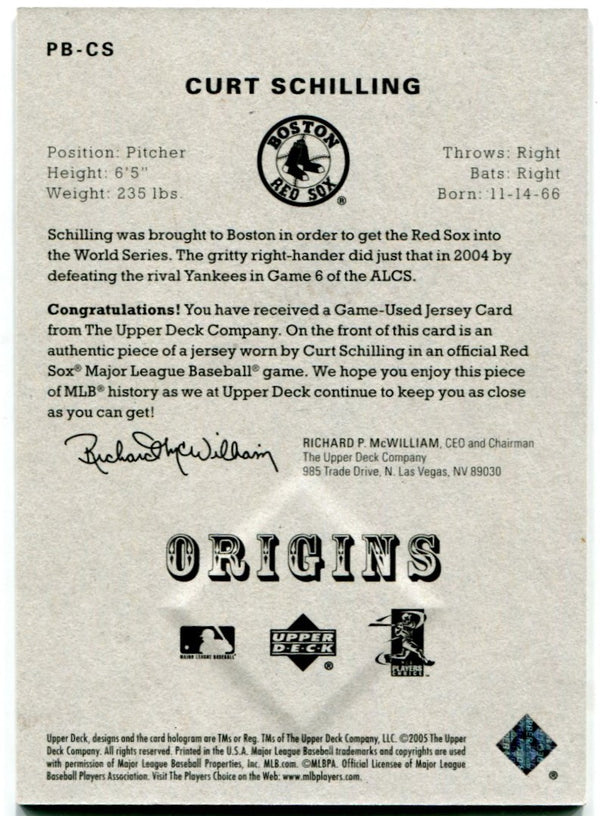 Curt Schilling 2005 Origins Baseball Upper Deck Authentic Game Used Jersey Card #PB-CS