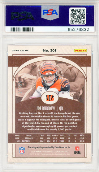 Joe Burrow Autographed 2020 Panini Chronicles Legacy Orange Prizm Rookie Card #201 (PSA )